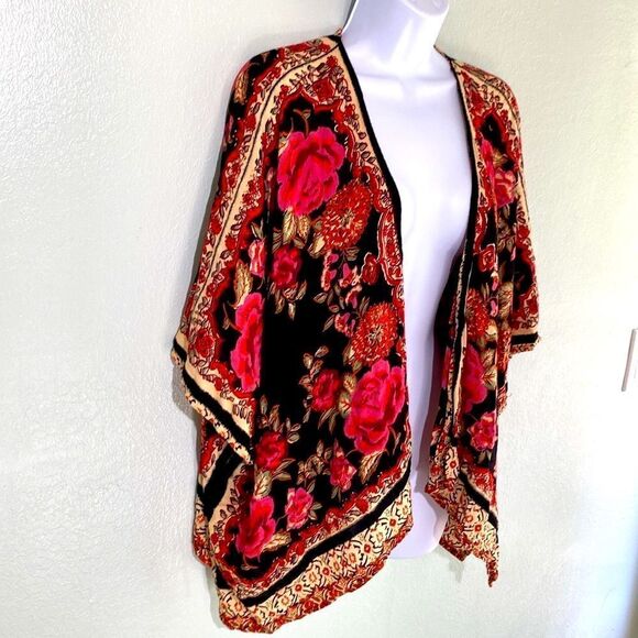 Angie Red Rose Scarf Kimono Cover Up, Boho Cardigan L - Picture 2 of 6